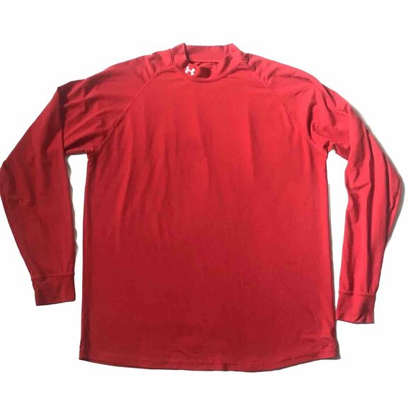 VTG Mens Under Armour Mock Neck Shirt Size L Red Long Sleeve Poly/ Spandex Logo - Picture 1 of 12